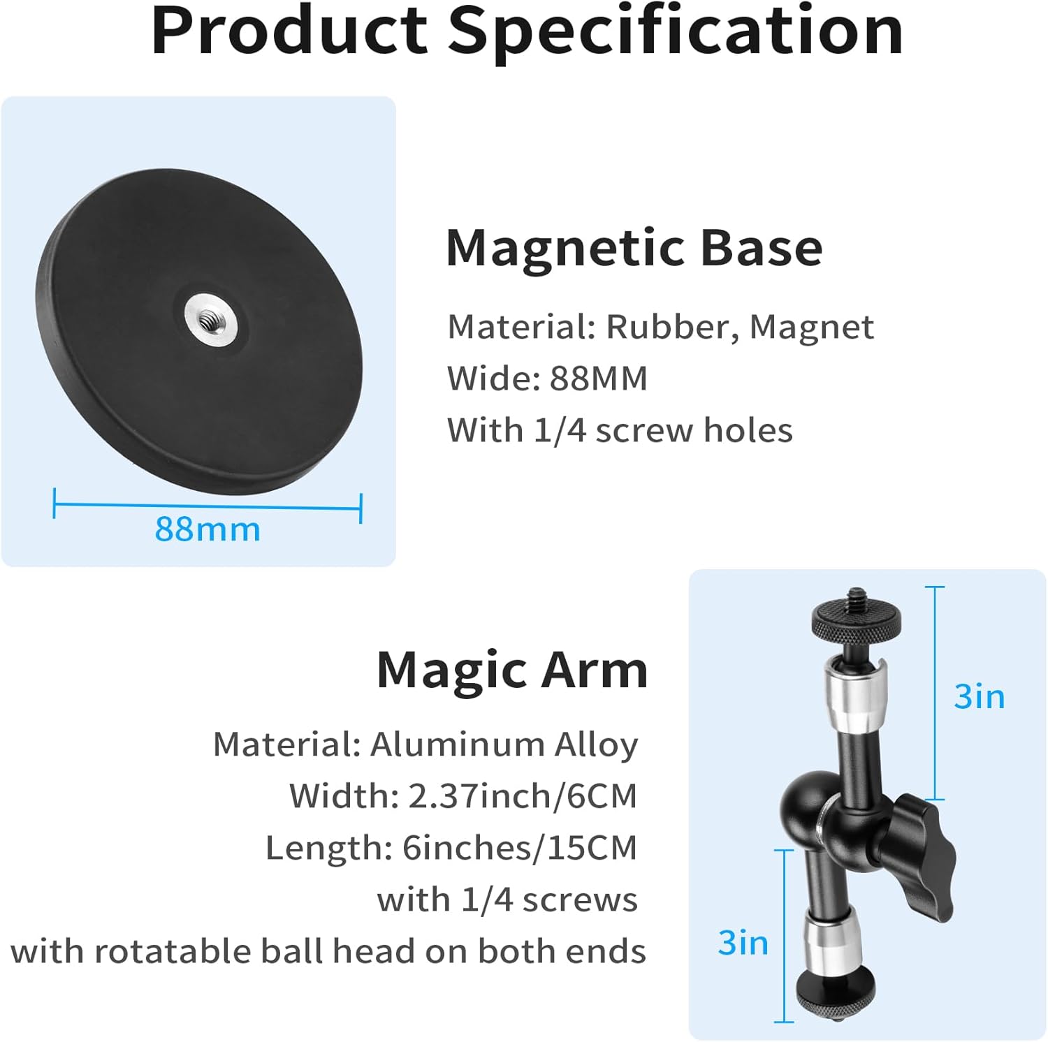 Selens Adjustable Car Magnetic Camera Mount Kit: 88MM Magnetic Base and 6inch Magic Arm, Magnet Mount for Action Camera,Compatible with Cars/Boats/Gym/Iron Made Surfaces