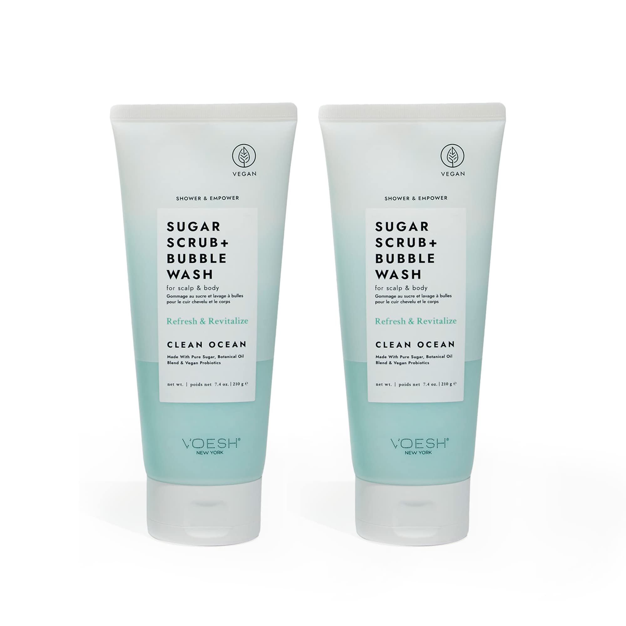VOESH Sugar Scrub + Bubble Wash, Exfoliating Body Wash, Clean Ocean 2 Pack, Scalp Exfoliator, Scalp Care, Vegan Skin Care