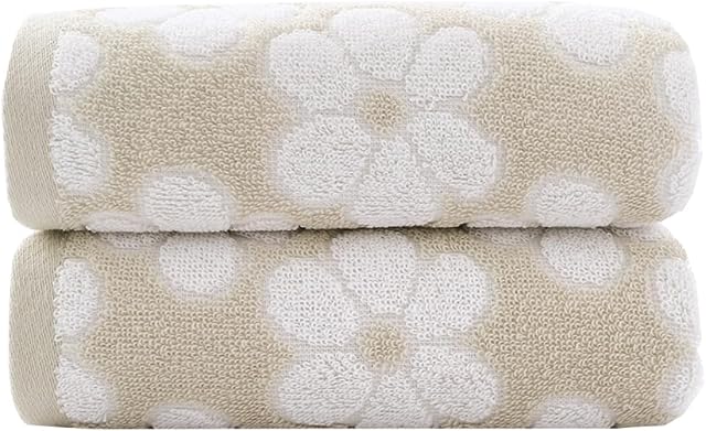 Pidada Hand Towels Set of 2 Floral Pattern 100% Cotton Soft Absorbent Decorative Towel for Bathroom 13.4 x 29.5 Inch (Brown)