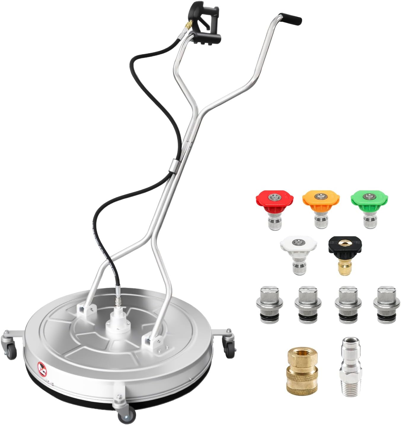 RAYNEL 30'' Pressure Washer Surface Cleaner with 4 Wheels, Dual Handle, Stainless Steel Housing, 2 Hose Adapters, 4 Replacement Nozzles and 5 Spray Nozzles