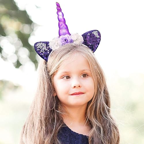 Miniatura 5 de ArtCreativity Diademas de flores de unicornio iluminadas para niñas, juego de 2, diadema de cumpleaños con cuerno intermitente, suministros y