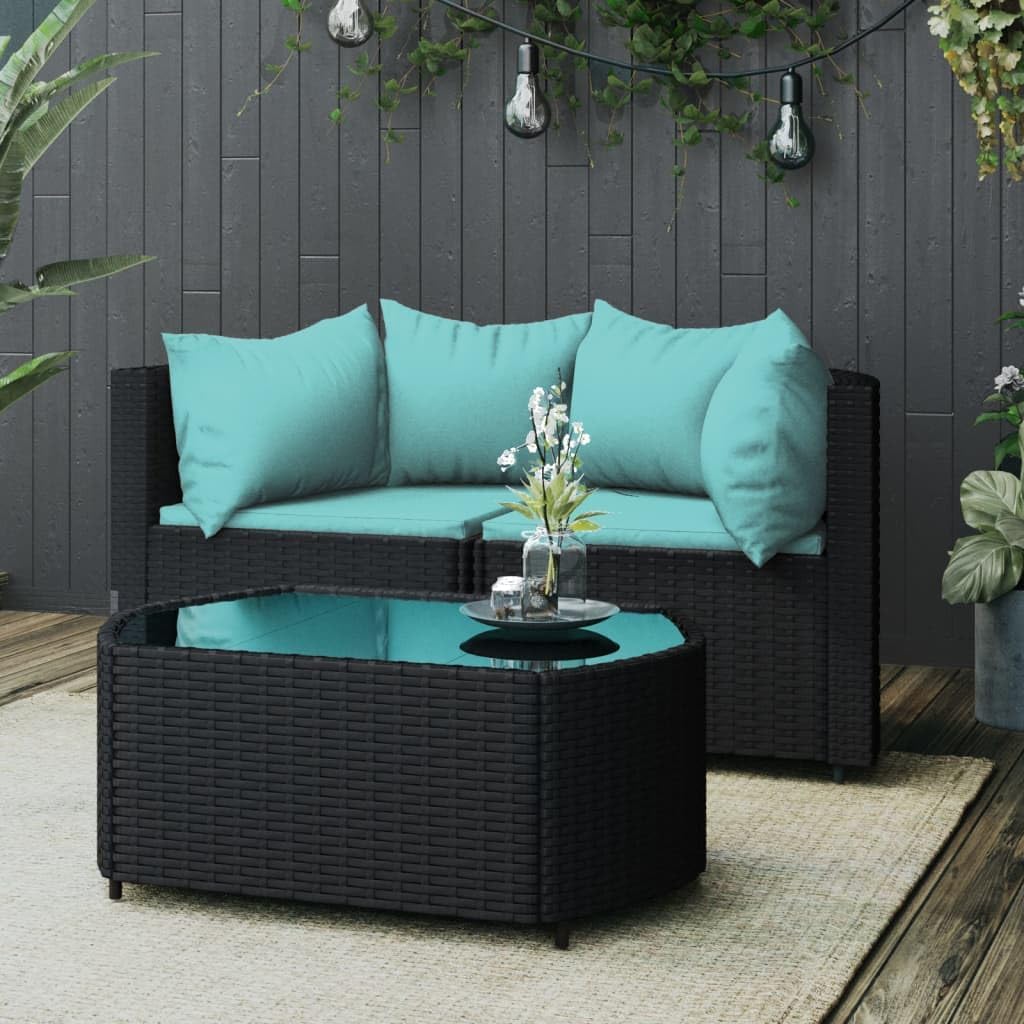 3 Piece Patio Lounge Set with Cushions Black Poly Rattan Patio Sofa Outdoor Sofa Balcony Sofa for patios, Decks, Balconies