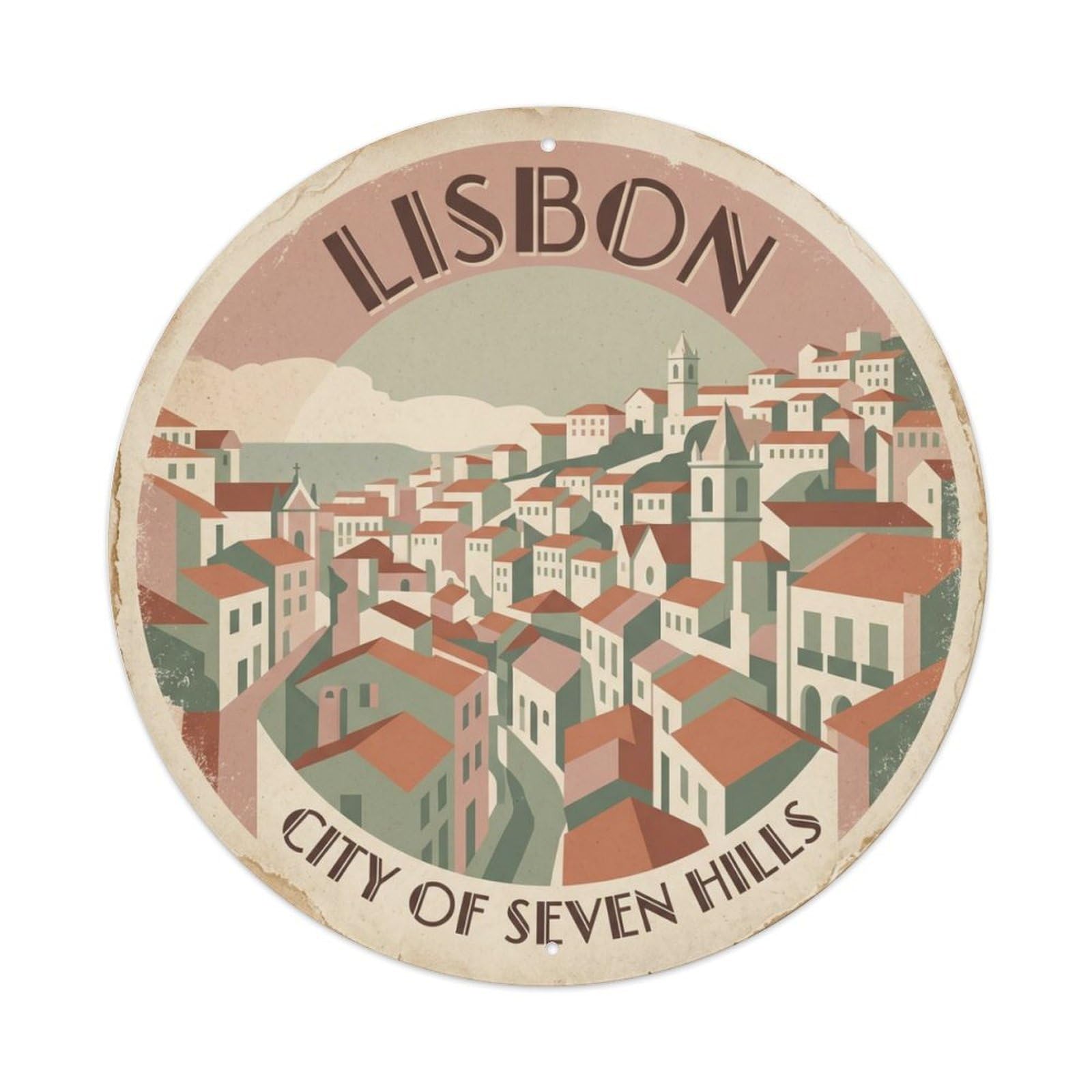 Vintage Travel Lisbon Hillside Portugal Metal Tin Sign Plaque Wall Decor for Cafe, Club, Garden Round Metal Poster 8x8Inch