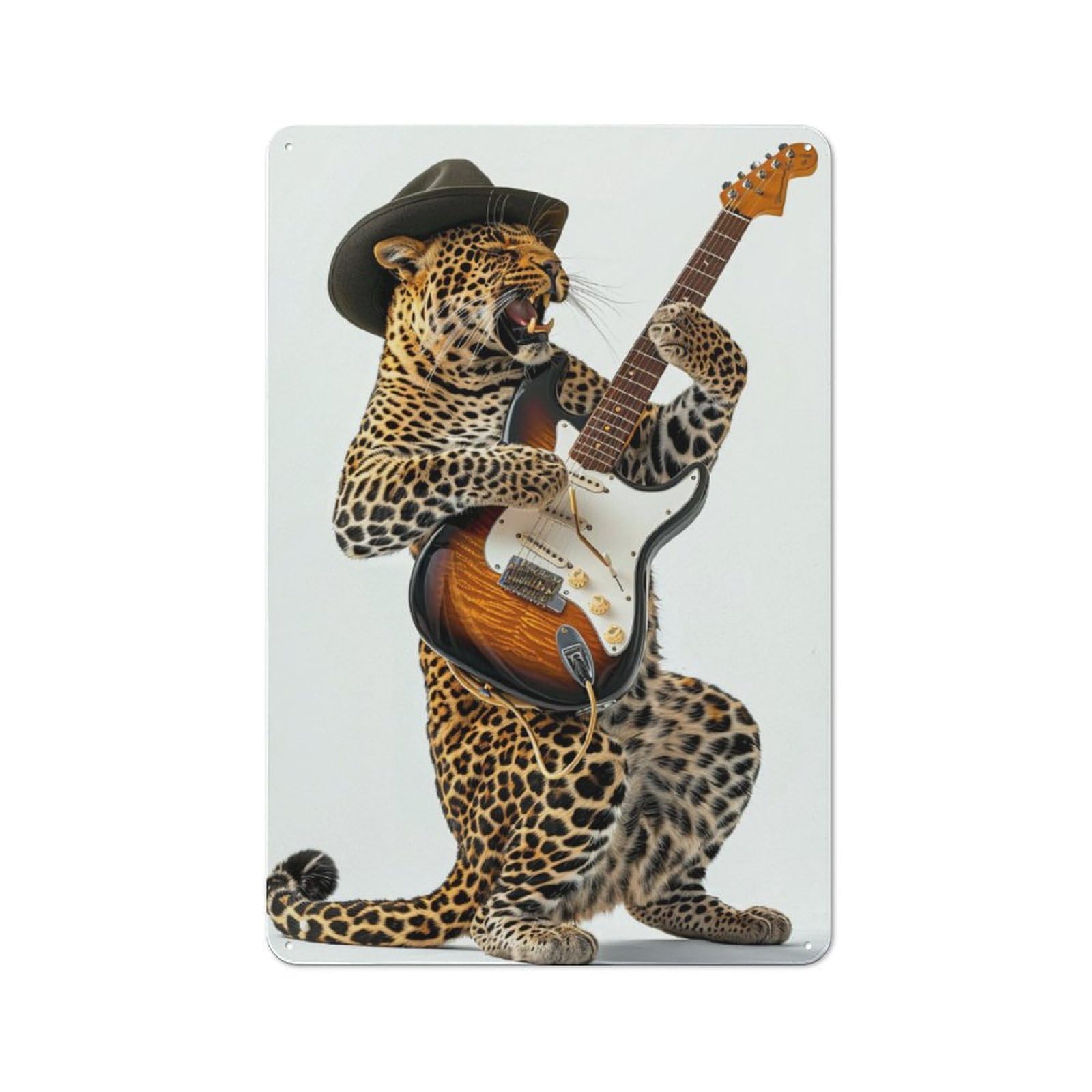 Junmoney Leopard Guitar For Lounge Or Reading Corner, Retro Metal Sign 30X20cm, For Metal Sign Collectors, For Garage And Workshop Walls