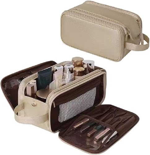 Miniatura 7 de ZITEZHGO Bolsa de viaje de maquillaje, bolsas de cosméticos impermeables para mujeres, bolsa de aseo de piel sintética de gran capacidad,