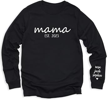 Womens Mama Long Sleeve Shirts, Customizable Mom Shirt, Add Child Names and Est Year of Motherhood, Sweatshirt, Hoodie, Mothers Day Shirts Multiple Colors