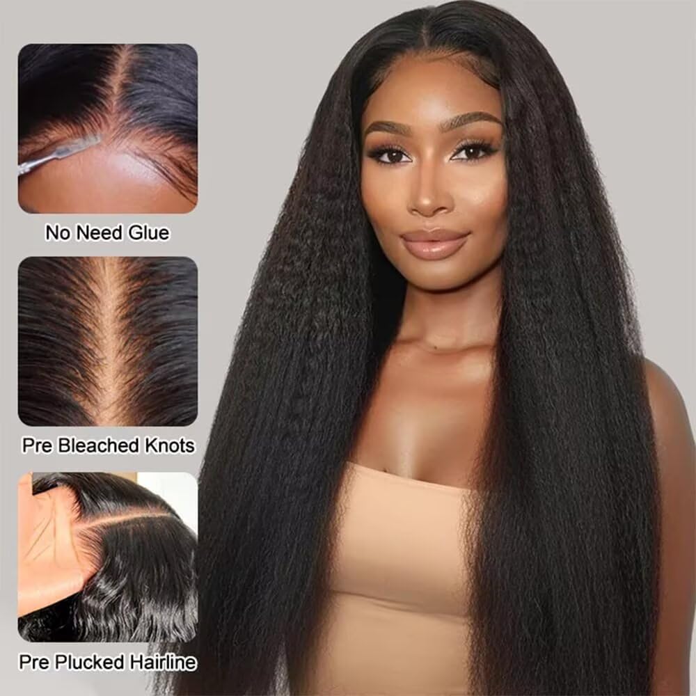 Yaki Parrucca Donna Senza Colla 4x4 Lace Front Wig Human Hair Wear and Go Glueless Wigs Human Hair Pre Plucked Pre Cut for Beginner 180% Density Lace Closure Wigs 16 Pollici