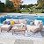 PHI VILLA All Weather Wicker Patio Furniture Sets, 5 Pieces Outdoor Natural Rattan Sectional Sofa Conversation Set with Acacia Wood Coffee Table & Waterproof Cushions, 2 Ottomans for Apartment Balcony