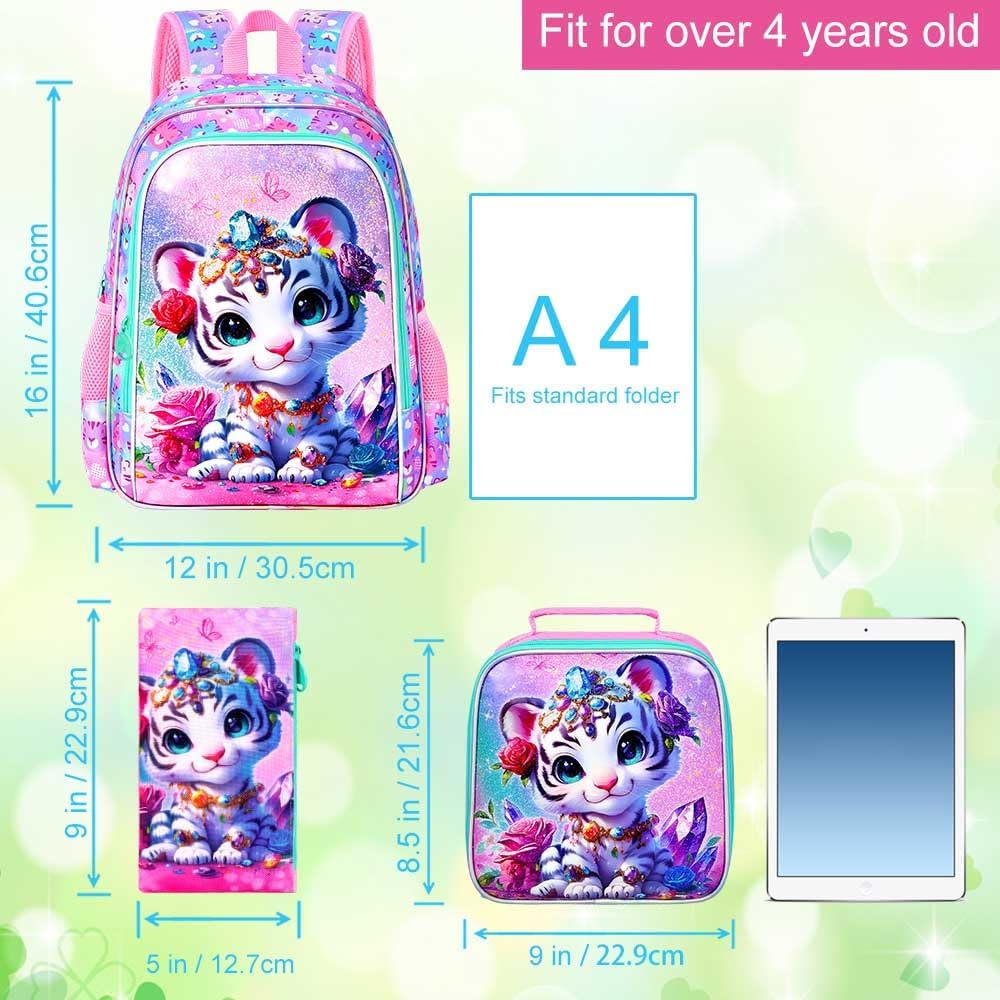 16" Tiger Backpack for Girls, 3Pcs Kids School Backpacks with Lunch Box, Bookbag for Elementary Preschool Kindergarten(Pink) - Image 4