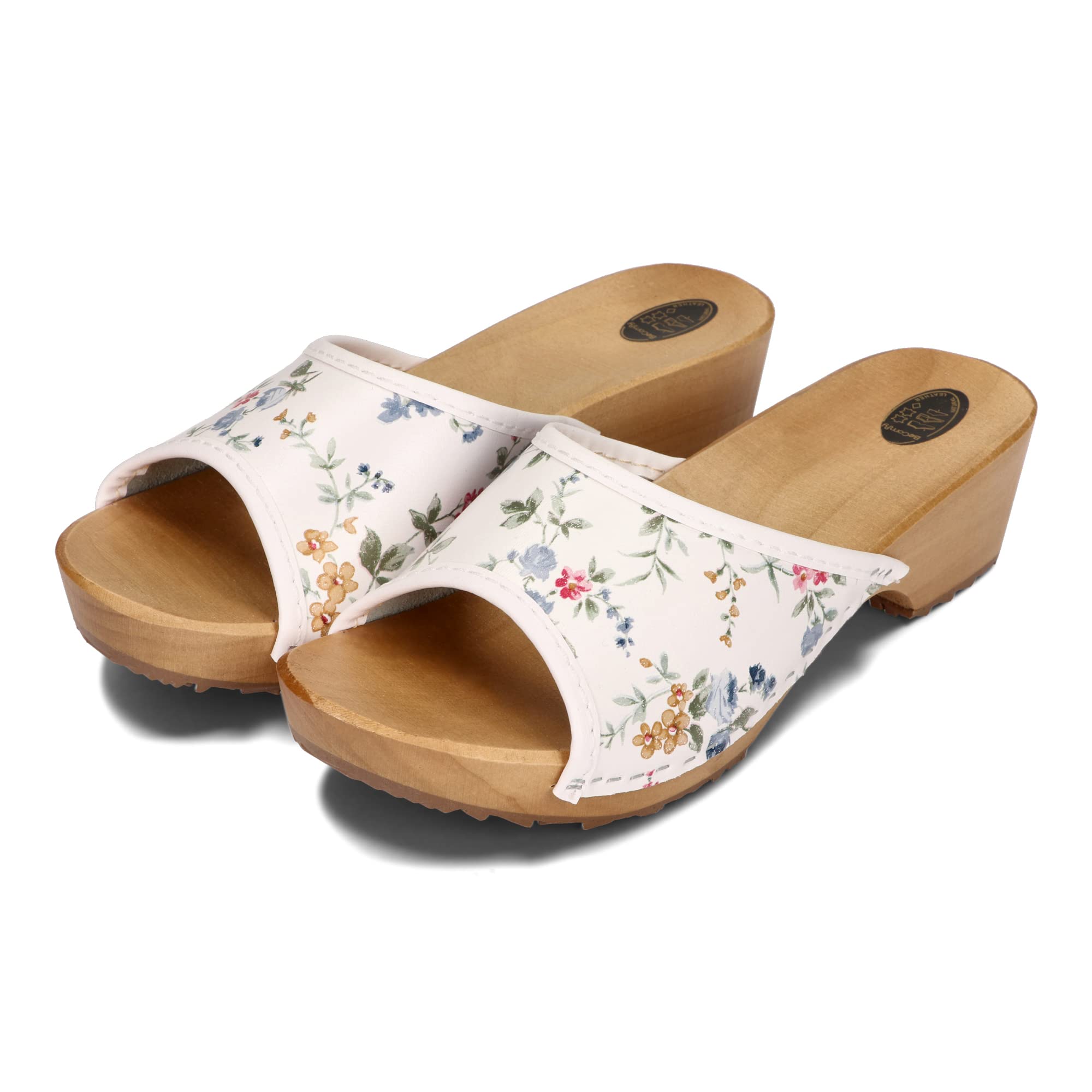 BeComfy Sabots en Cuir pour Femme avec imprimé Sandales Clogs Mules à Talons en Bois Couleurs mélangées Model VK10