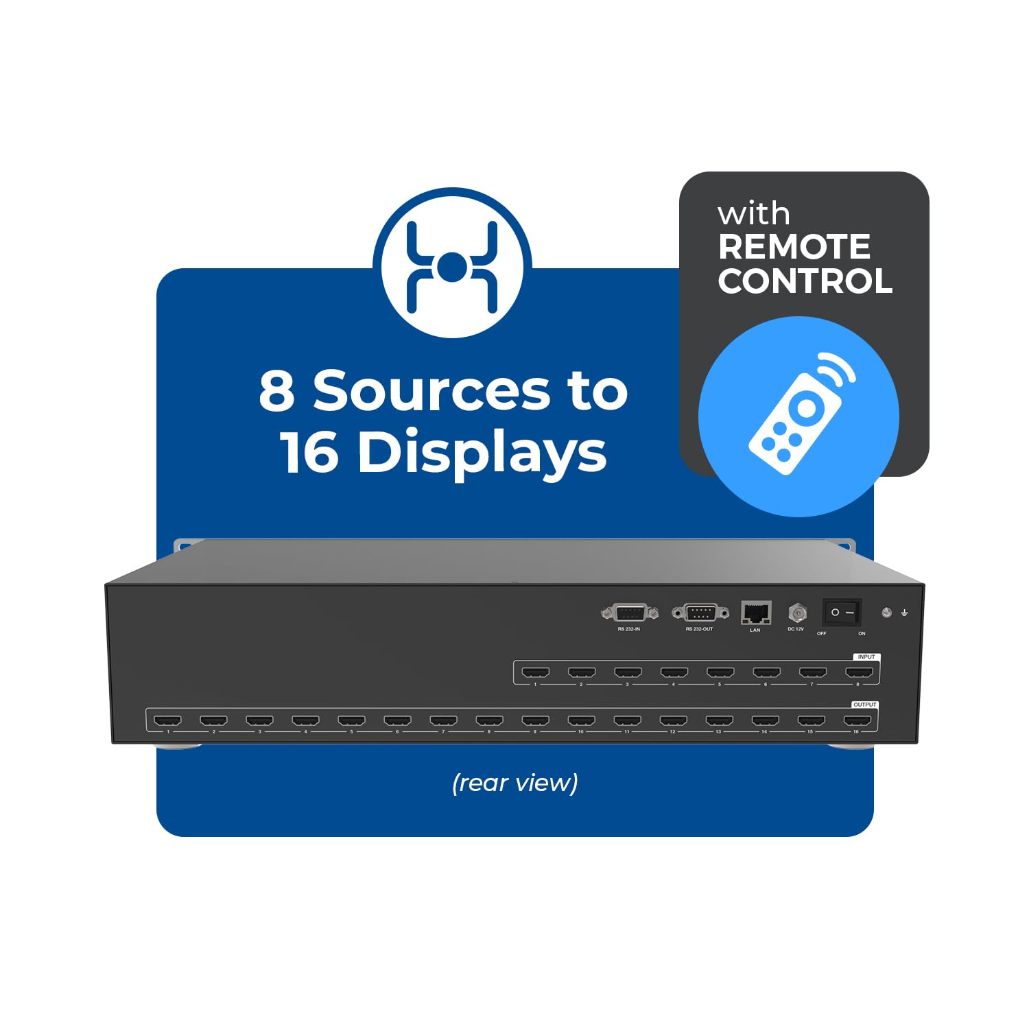 OREI Conmutador de matriz HDMI 4K de 8 x 16, (8 entradas, 16 salidas) con control remoto, soporta UltraHD 4K a 30Hz 4:2:0, WebGui, RS-232, HDMI 1.4, HDCP 2.2, 3D, 1080p, 18 GBPS - EDID (HDS-816)