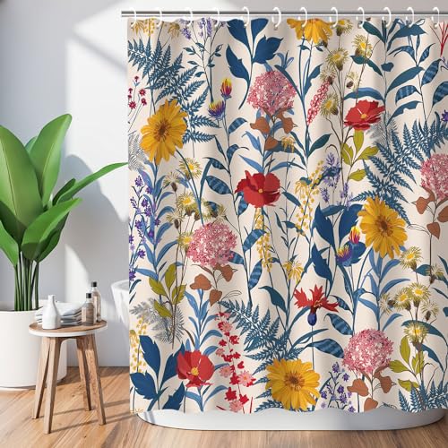 RosieLily Shower Curtains, Floral Shower Curtains Set with 12 Hooks, Colorful Florals and Leaves Shower Curtain, Bath Decorative, Waterproof Fabric Bathroom Curtain, 72''W x 72''H