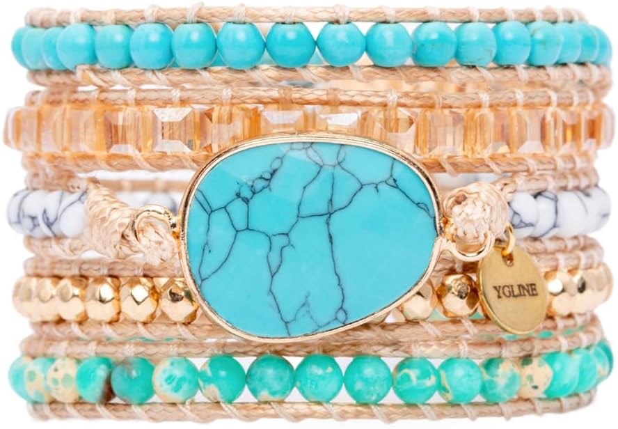 YGLINE Women Boho Handmade Natural Stone Crystal Leather Bead Wrap Bracelets Collection (turquoise)