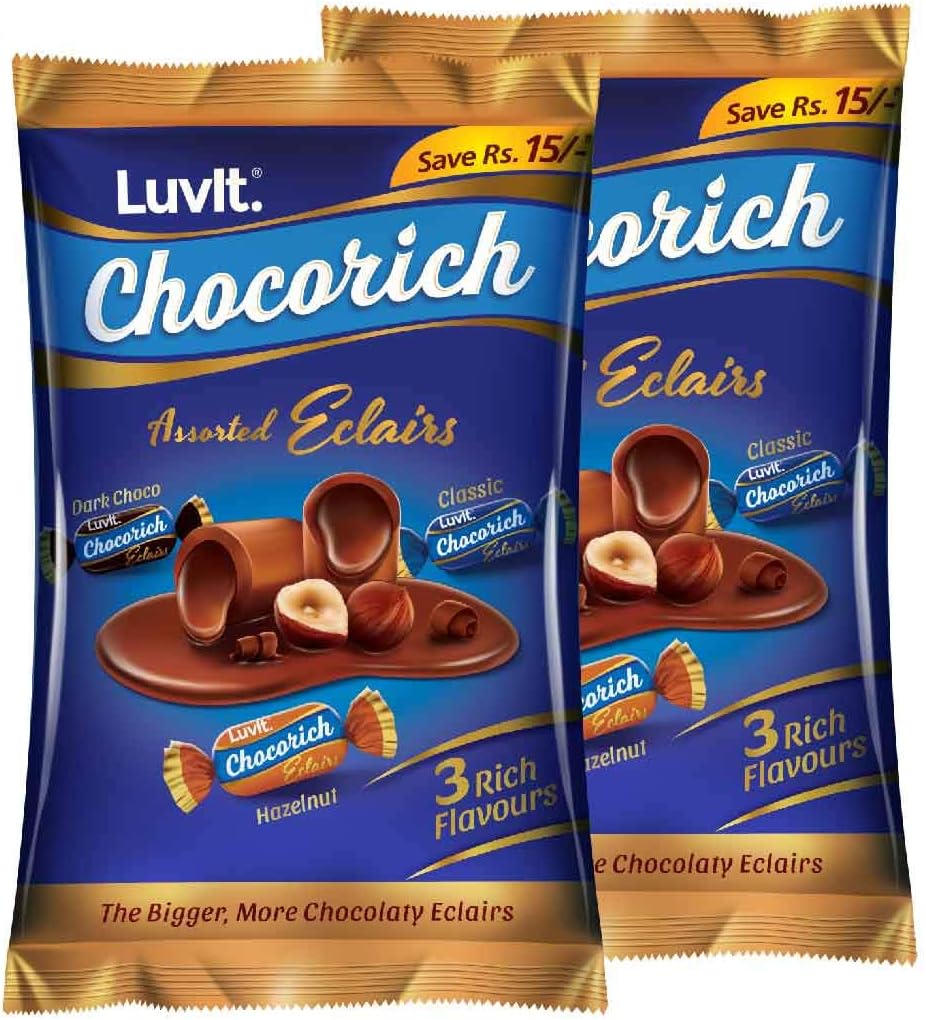 - LuvIt. Chocorich Assorted Eclairs | Birthday Party Pack | Hazelnut,Dark Choco & Chocolate | 60 Units Per Pouch | Pack of 2-480 grams Each