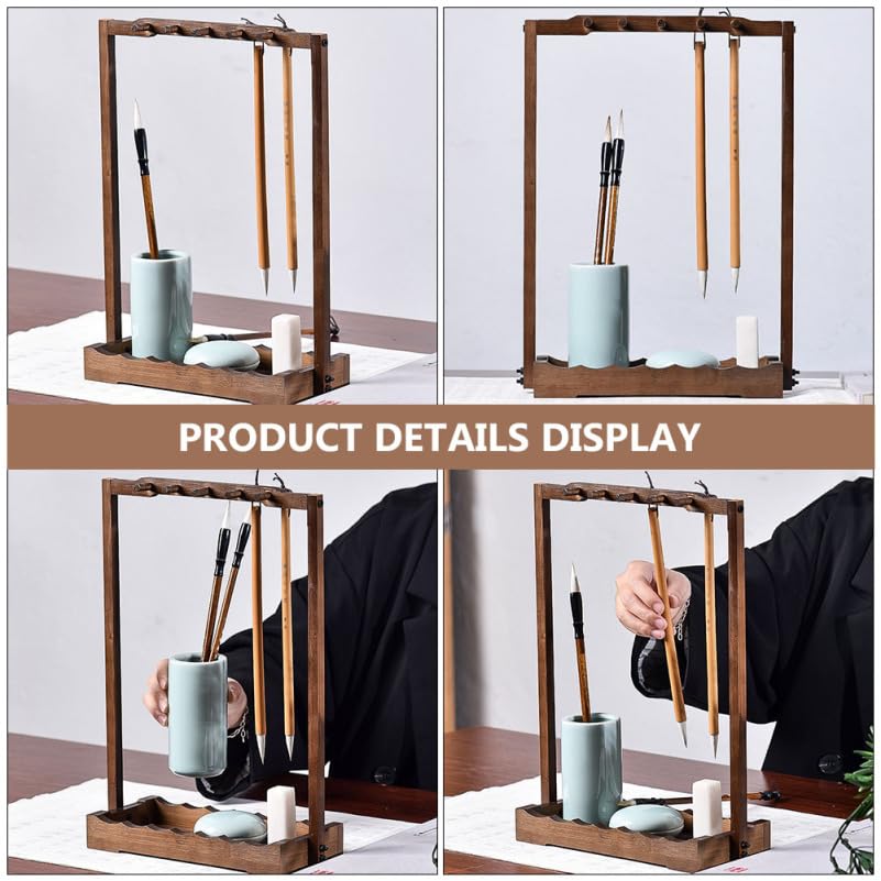 Image of Cabilock Chinese Brush Shelf Pen Hanger Wood Brush Stand Rack Hanger with 10 Pins Calligraphy Sumi Painting Brush Pen Holder