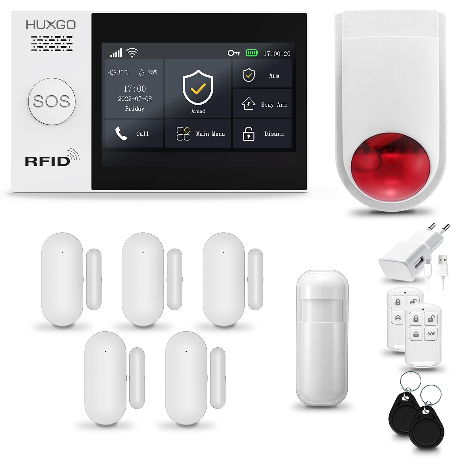 HXA007 System alarmowy domowy WiFi + GSM, syrena bezprzewodowa | Aplikacją Tuya Smartlife, 1x czujnik ruchu PIR, 5x czujnik drzwi | Sterowanie z telefonu