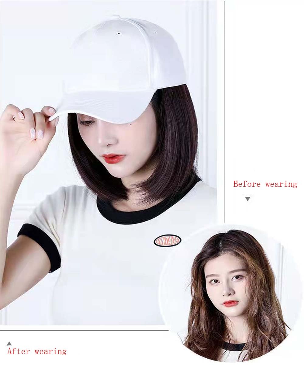 Baseball Cap with Hair Extensions Hat Wig Adjustable Hat Women's Short Bob Wigs Girls' Straight Hair Hat(7.8 inches)
