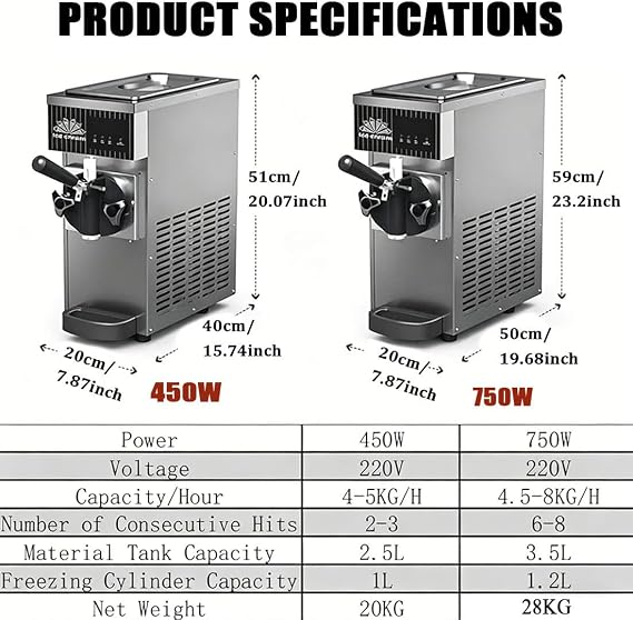 Countertop Soft Serve Ice Cream Machine, 450/750W, 4-8kg/Hour, Auto Clean LCD Panel for Dessert Shops