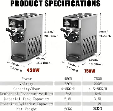 Countertop Soft Serve Ice Cream Machine, 450/750W, 4-8kg/Hour, Auto Clean LCD Panel for Dessert Shops