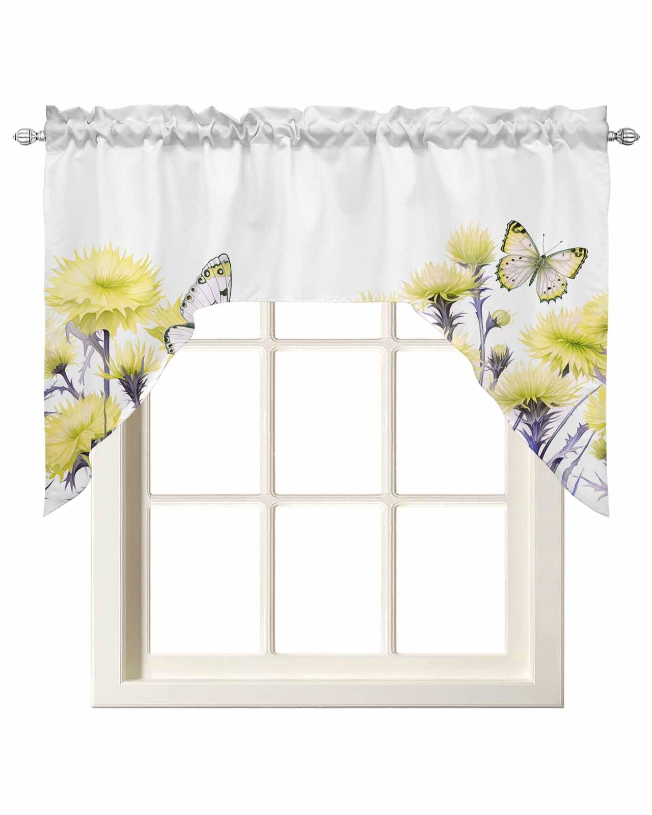 Spring Butterfly Floral Swag Valances for Kitchen Window, Rod Pocket Swag Curtains Drapes for Bedroom Bathroom Over Sink Yellow Daisy Flowers Summer