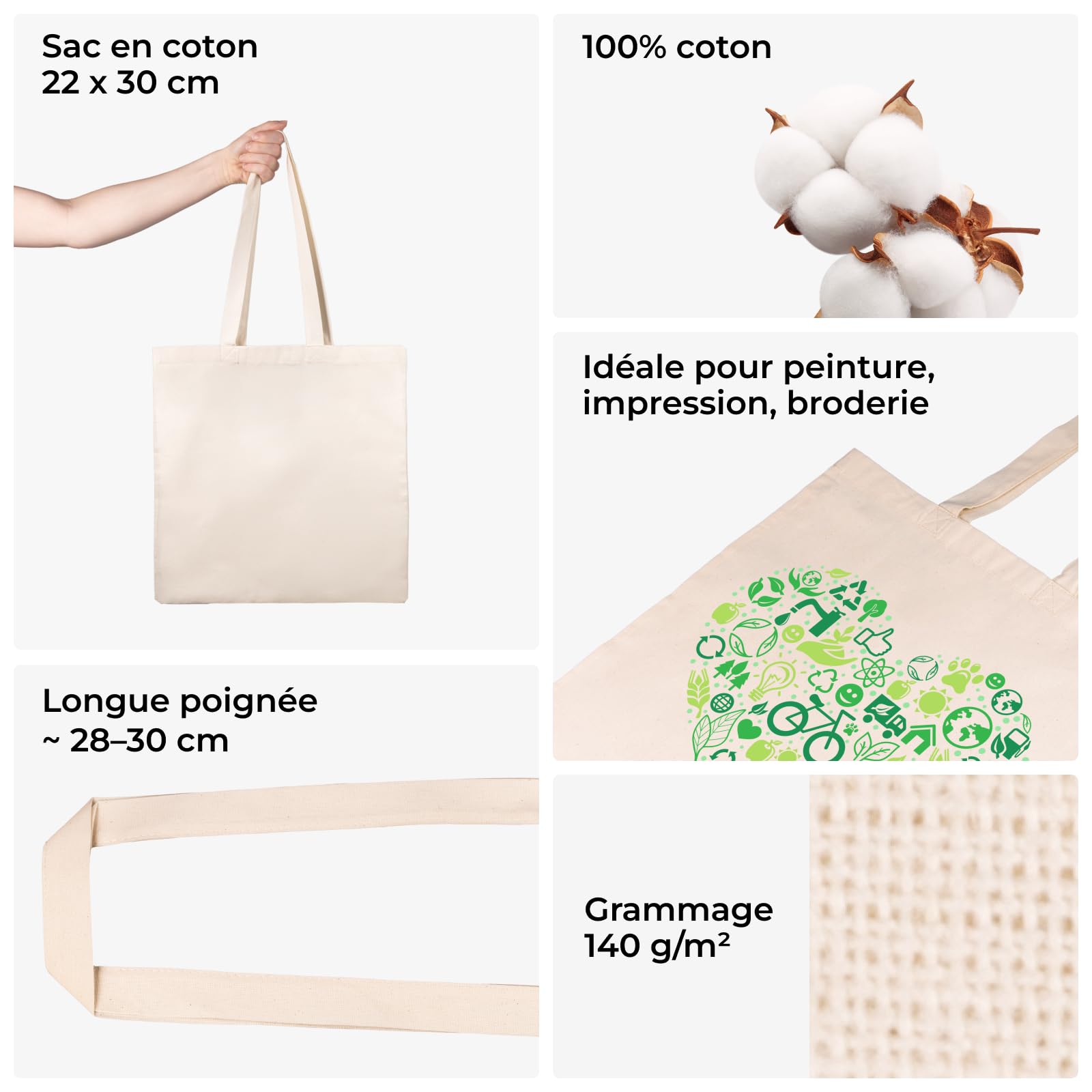 Sac en tissu à peindre non imprimé - pièces 38 x 42 cm - Tote Bag - 5, 10, 25 pièces - Sac en coton avec deux poignées longues - Sacs de courses