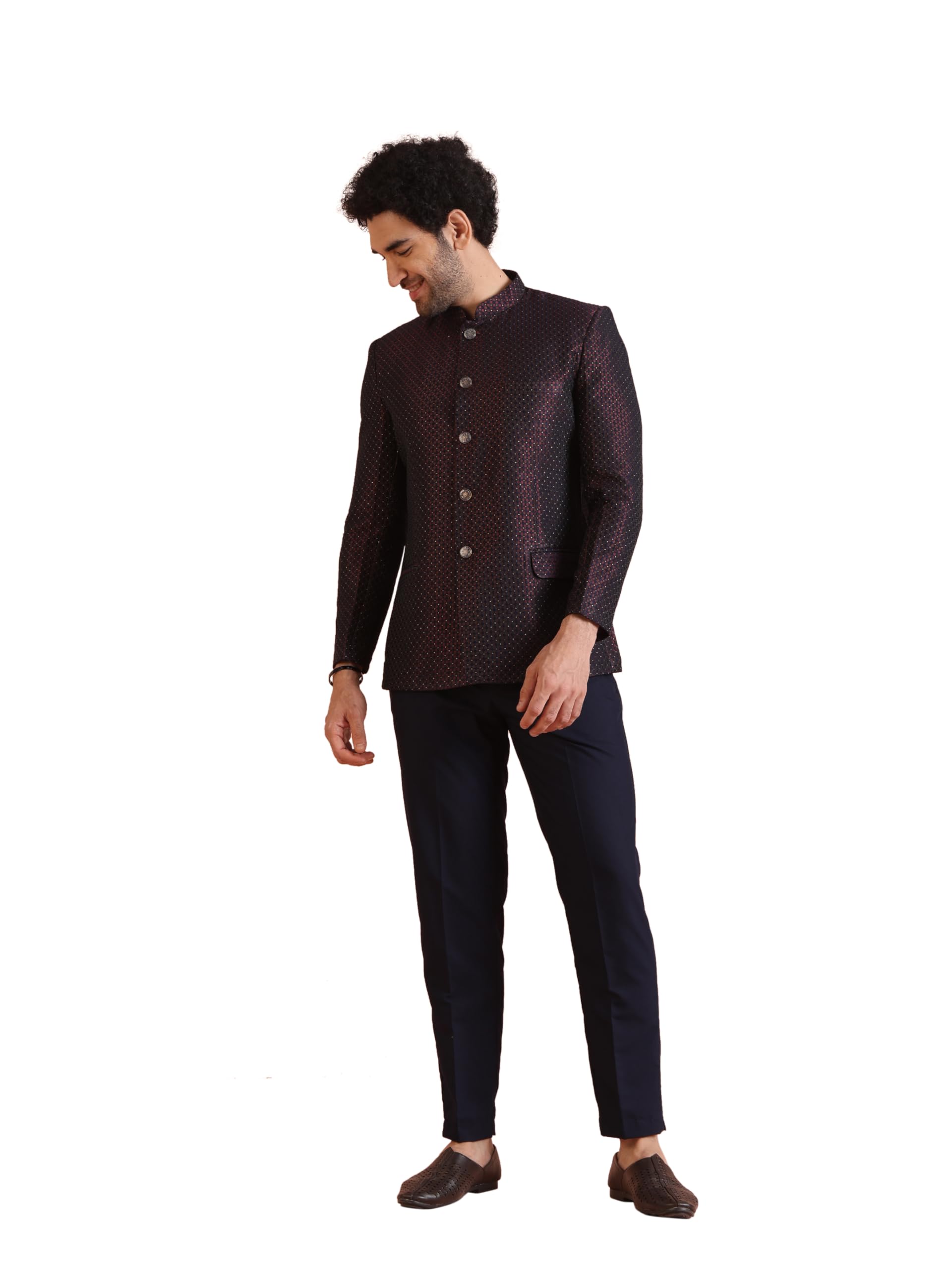 Men's Jodhpuri Bandhgala-Blazer Trouser Set, Magenta Silk Blend, Woven Design Regular Fit Mandarin Collar Long Sleeves