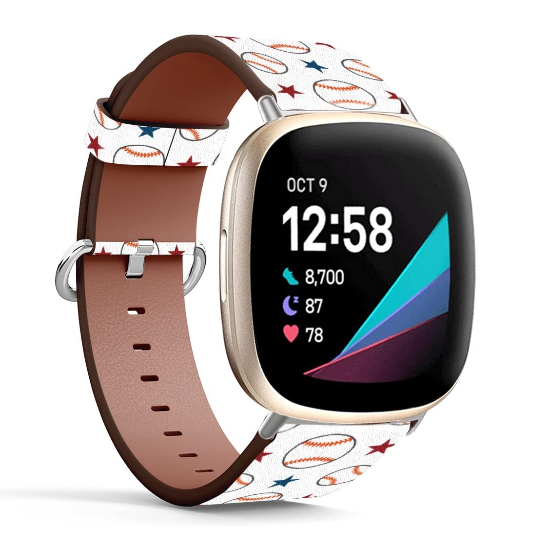 Mingdao Compatible with Fitbit Sense 2 / Sense / Versa 4 / Versa 3 Patterned Leather Replacement Band (Baseball And Star Pattern-Wb02)