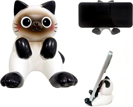 Cute Siamese Cat Phone Stand, Resin Desktop Phone Holder with Stable Base, Kawaii Cat Figurines Desk Decor Ornament for Home Office