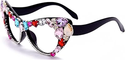 bullabulling Vintage Women Cateye reading glasses Crystal Trim Jeweled Frame Costume Glasses (Colored diamonds, 0.0)