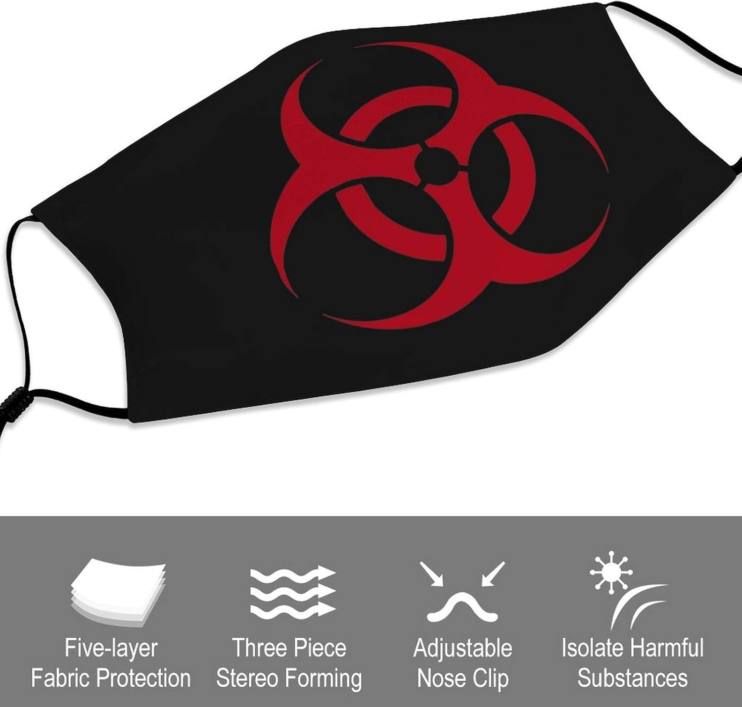 Miniatura 4 de Red Symbol Biohazard Radioactive Juego de 2 máscaras faciales más 4 filtros de aire reemplazables, lavables reutilizables, ajustables, color negro,