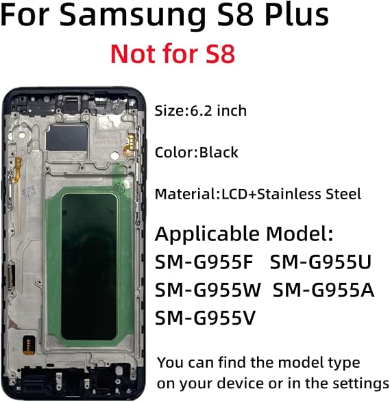 S8 Plus LCD Display Screen Replacement for Samsung Galaxy S8 Plus Touch Digitizer Screen Assembly with Frame S8+ 6.2 G955U G955FD Black(Fingerprint Recognition is not Supported)