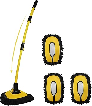 YeewayVeh Car Wash Brush Mop with Long Handle, 15 Curved Extension Pole Car Wash Kit with 3 Chenille Brush Head Covers for RV Truck Camper Cleaning, Yellow