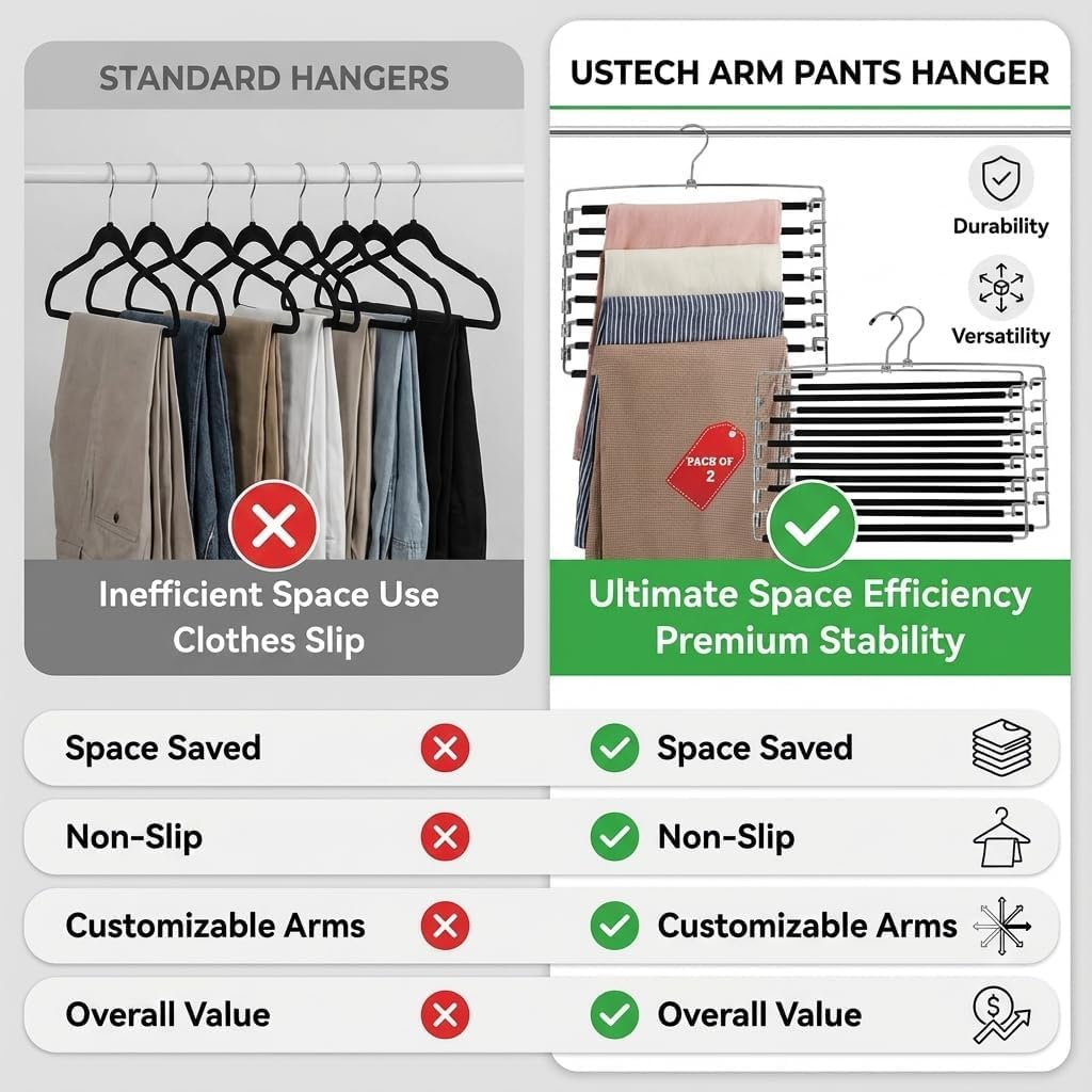 USTECH Arm Pants Hanger - 8 Tier Multi Tier Swing Hanger with Foam Padding and Removable Arm for Storage Organizer Effective Space Saving Design Pack of Two, Ideal for Jeans Skirts and Pants