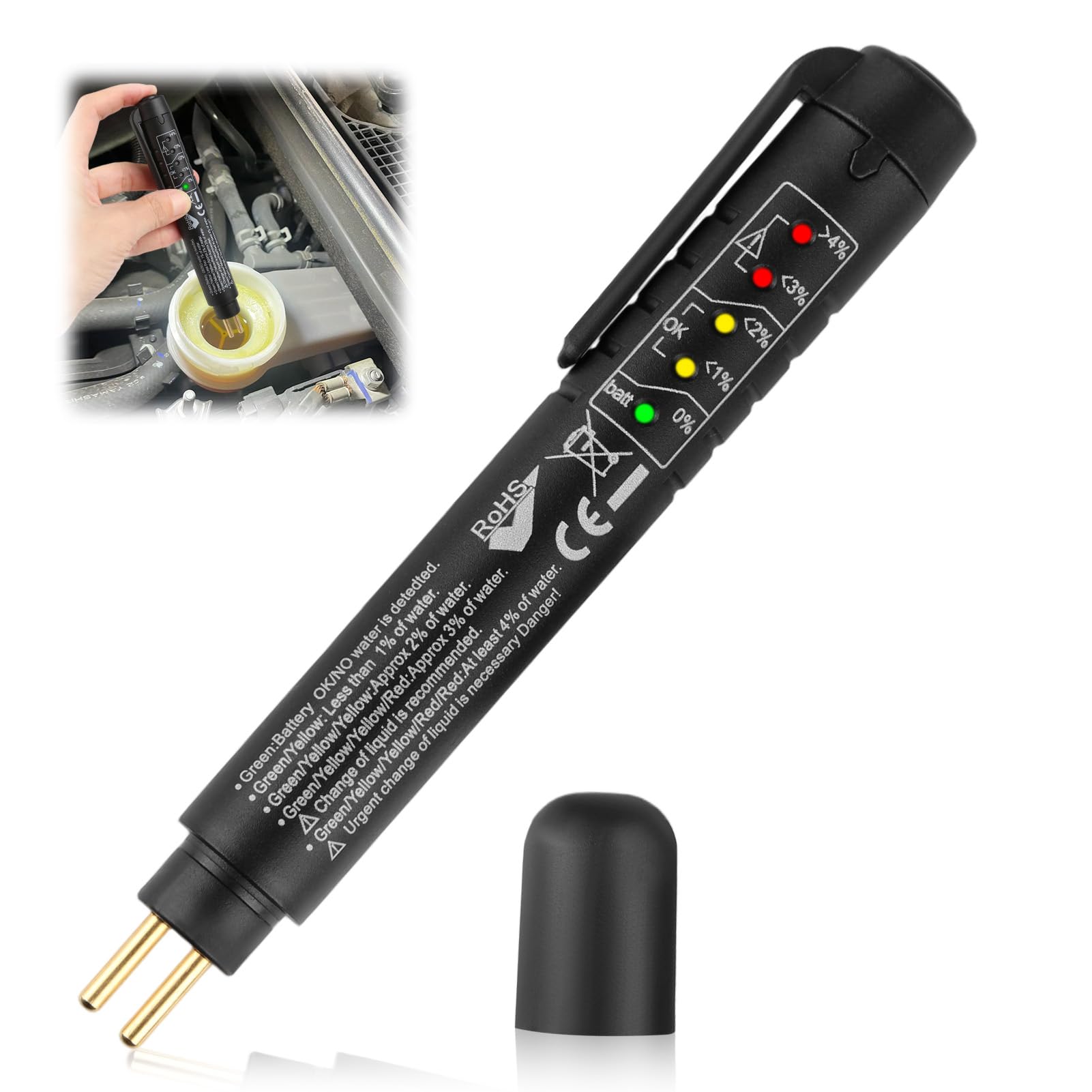 Aivane Tester Liquido Freni per Test DOT3 DOT4 DOT5, 5 LED Indicatore può, Universale Tester Olio Freni Portatile Penna Rilevatore di umidità Liquido Automotive Tester
