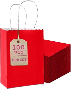 Bakepacker 100 Pcs Red Mini Paper Gift Bags with Handles 6"x4.5"x2.5" Party Favor Bags Multiple Uses Mini size