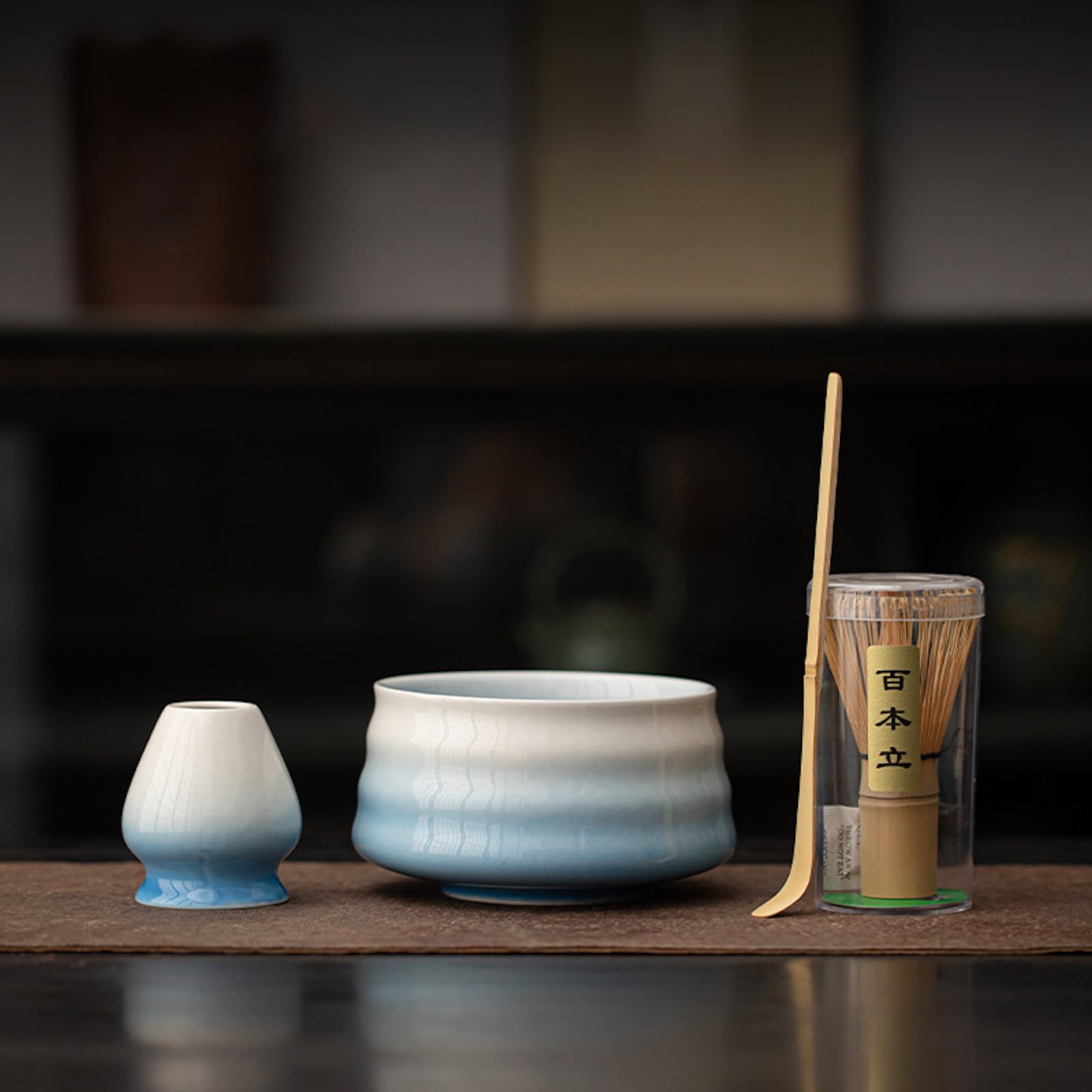 JIKANNOYA Matcha Set 4 Piece Chasen Whisk Chawan Bowl Blue Ceramic 15oz