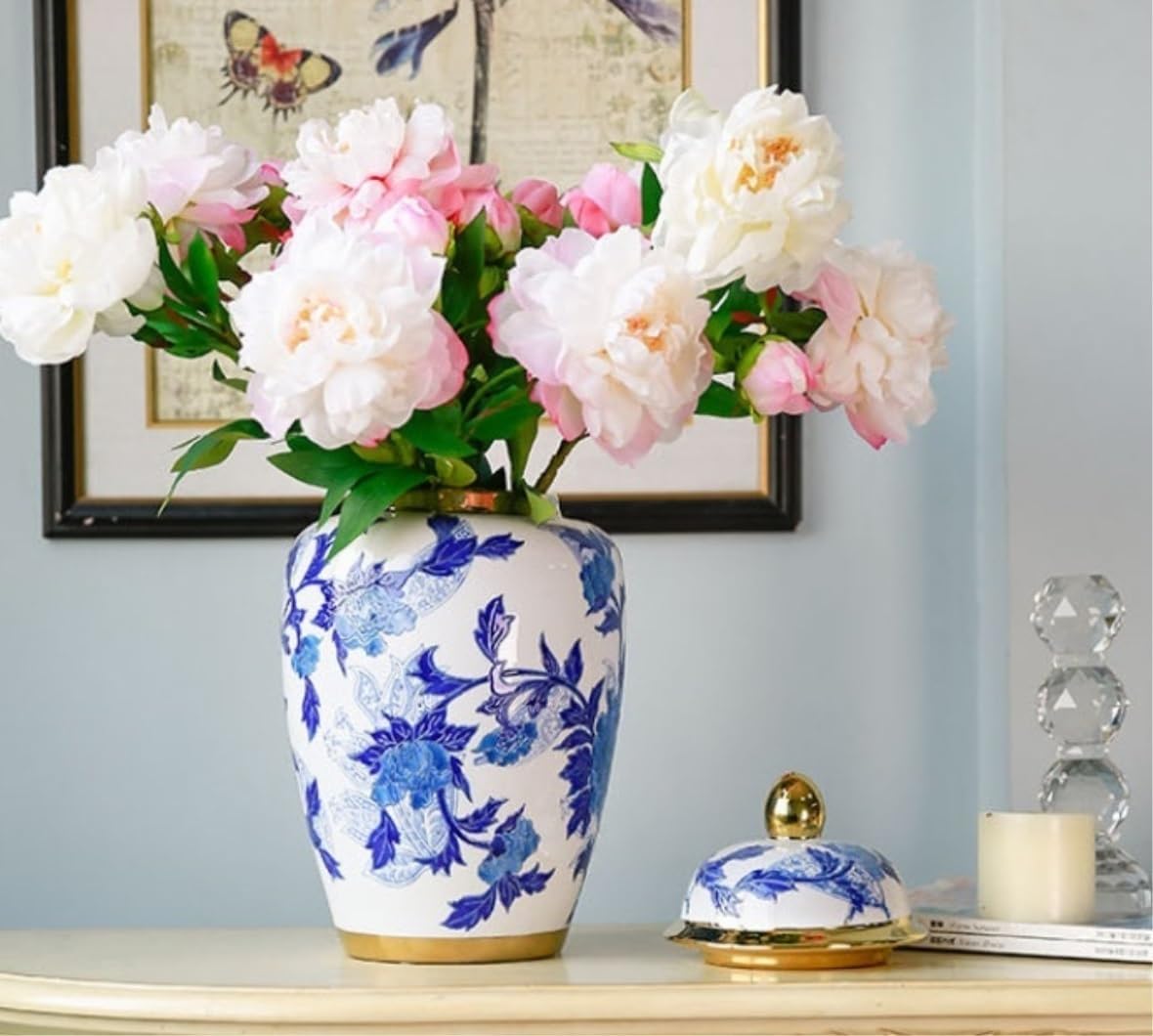 Food Storage Jar,Decorative Jar Ginger Jar Vase Decor Decor Traditional Blue and White Floral Porcelain Ceramic Temple Ginger Jar Vase Decorative Storage Ginger Jars Storag,Blue-22 * 40Cm
