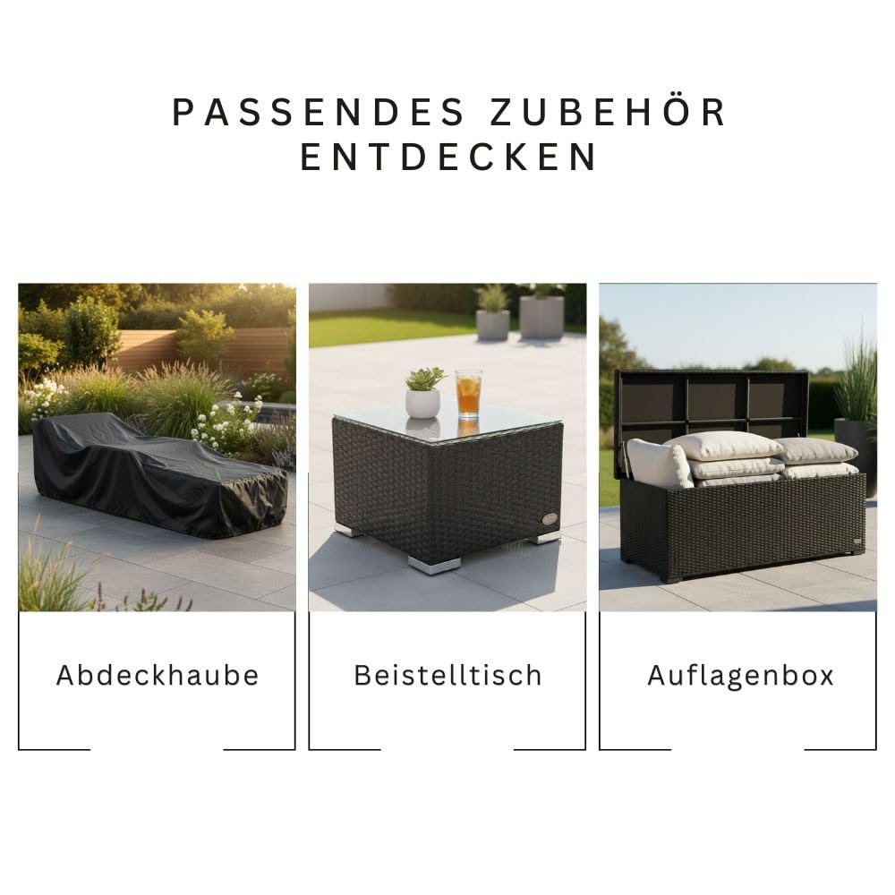 RS Trade Sonnenliege Gartenliege Wetterfest Rattan – XXL Relaxliege extra breit mit Rollen & Armlehnen, Verstellbar, bis 200kg, Outdoor Liege für Garten, Terrasse & Balkon, schwarz mit weißer Auflage