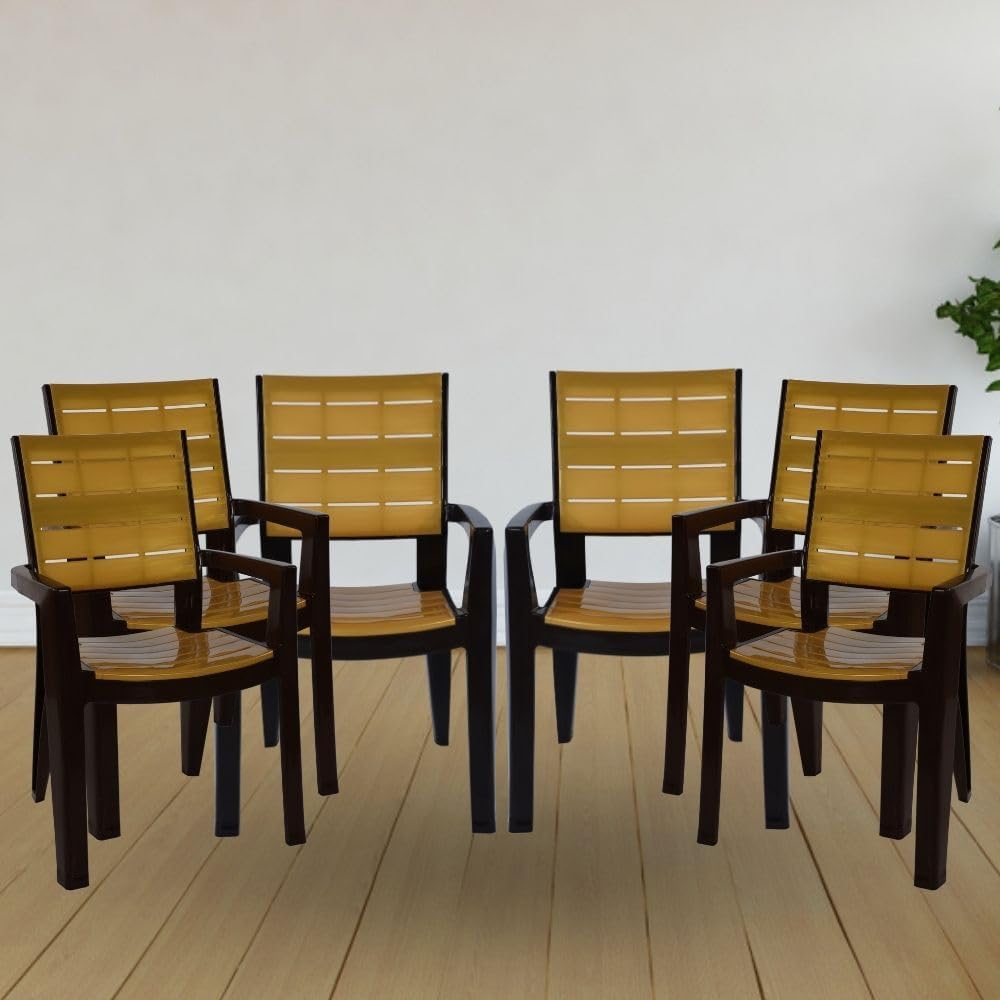 ITALICA Designer Series Comfortable Plastic Arm Chair/Double Insert Stackable Chair for Home, Office/Plastic Chair/Sturdy & Durable Chair/Indoor and Outdoor (5115, Brown & Gold, Set of 2 Chair, VF) 3