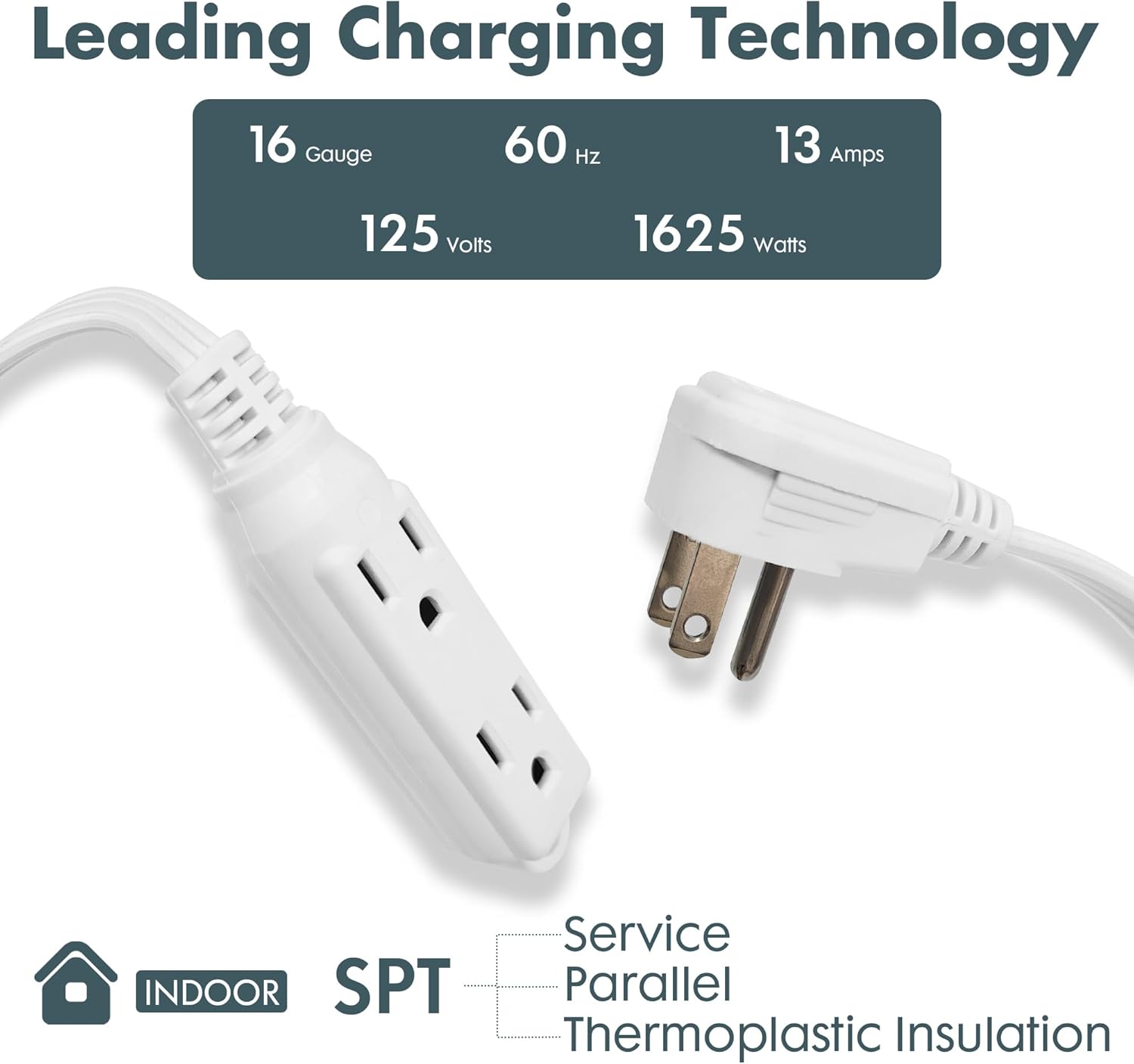 Flat Plug Extension Cord with 3 Outlets Extender, Indoor Extension Cord Flat Plug Power Strip 16 Gauge 30FT White 3 Prong, 16/3 SPT-3 13A, UL Listed