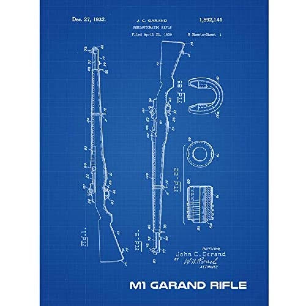 Artery8 M1 Garand Rifle Blueprint Plan Art Print Canvas Premium Wall Decor Poster Mural