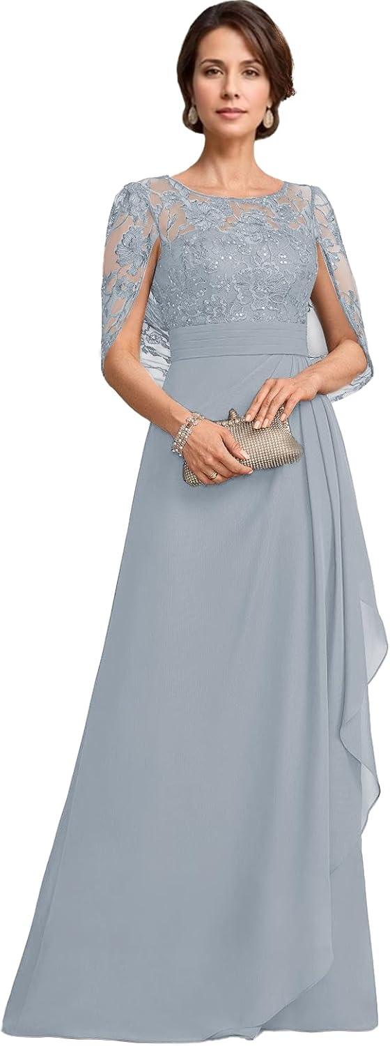 Monvelli Lace Appliques Ruffle Mother of the Bride Dresses Pleated Chiffon Sparkly Sequin Cape Sleeve Formal Evening Gowns