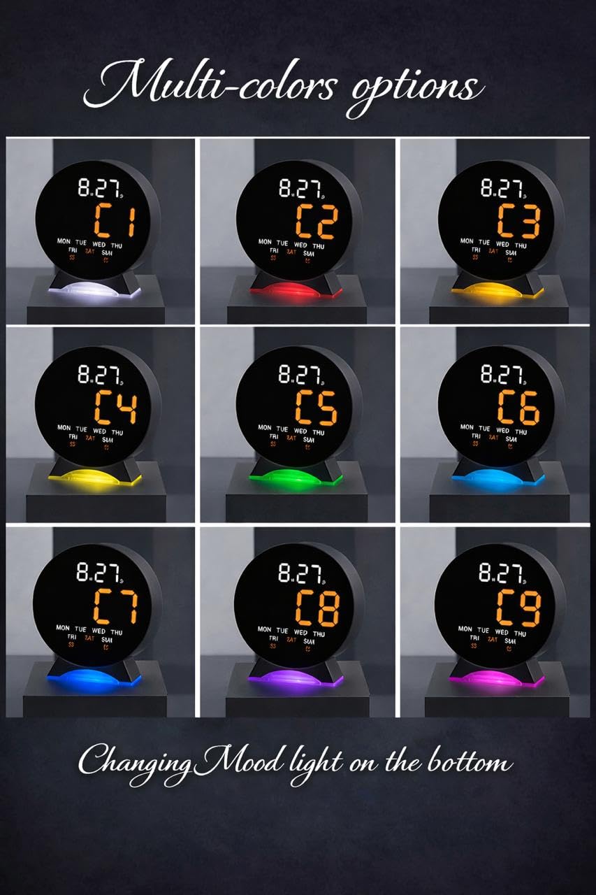 Vortex 5521WB RGB LED budzik cyfrowy – okrągły budzik stołowy (12/24 godziny) z funkcją skoków, dwa czasy budzenia, regulowana jasność i zmieniająca kolor lampka nocna do sypialni