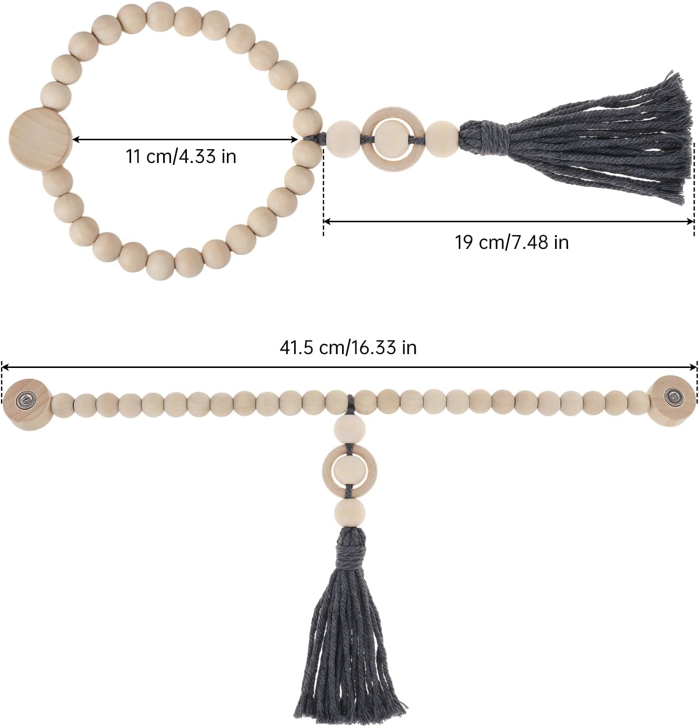 Magnetic Curtain Tiebacks Wood Beads,2Pcs Boho Tie Backs with Gray Tassel