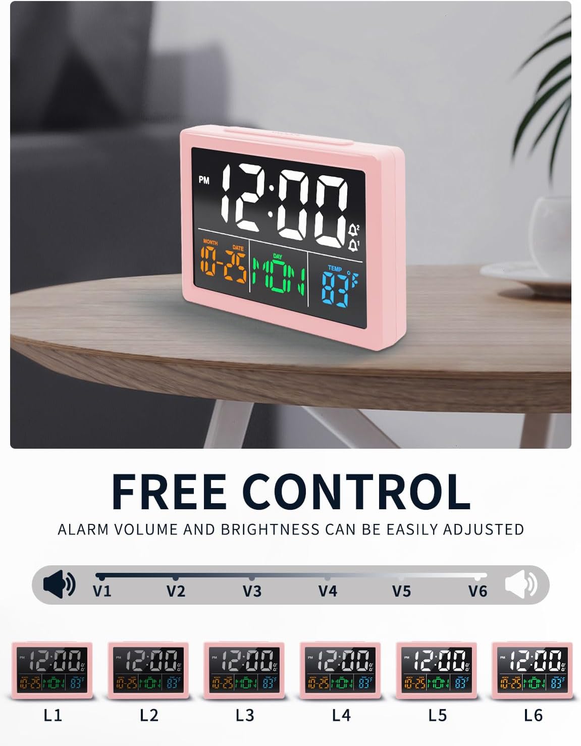 JALL Digital Alarm Clock on a nightstand with a hand reaching for the snooze button