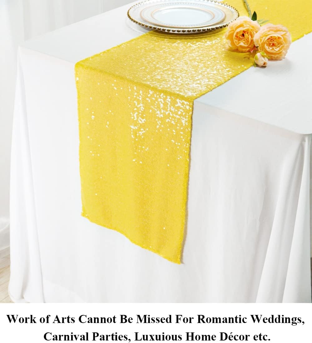 Sequin Table Runner Long 12x120 Table Runner Glitter Table Runner Dining Room Table Runner Christmas Table Runner and Sequin Table Cloth Runner for Party Wedding Decorations (12x120, Yellow)