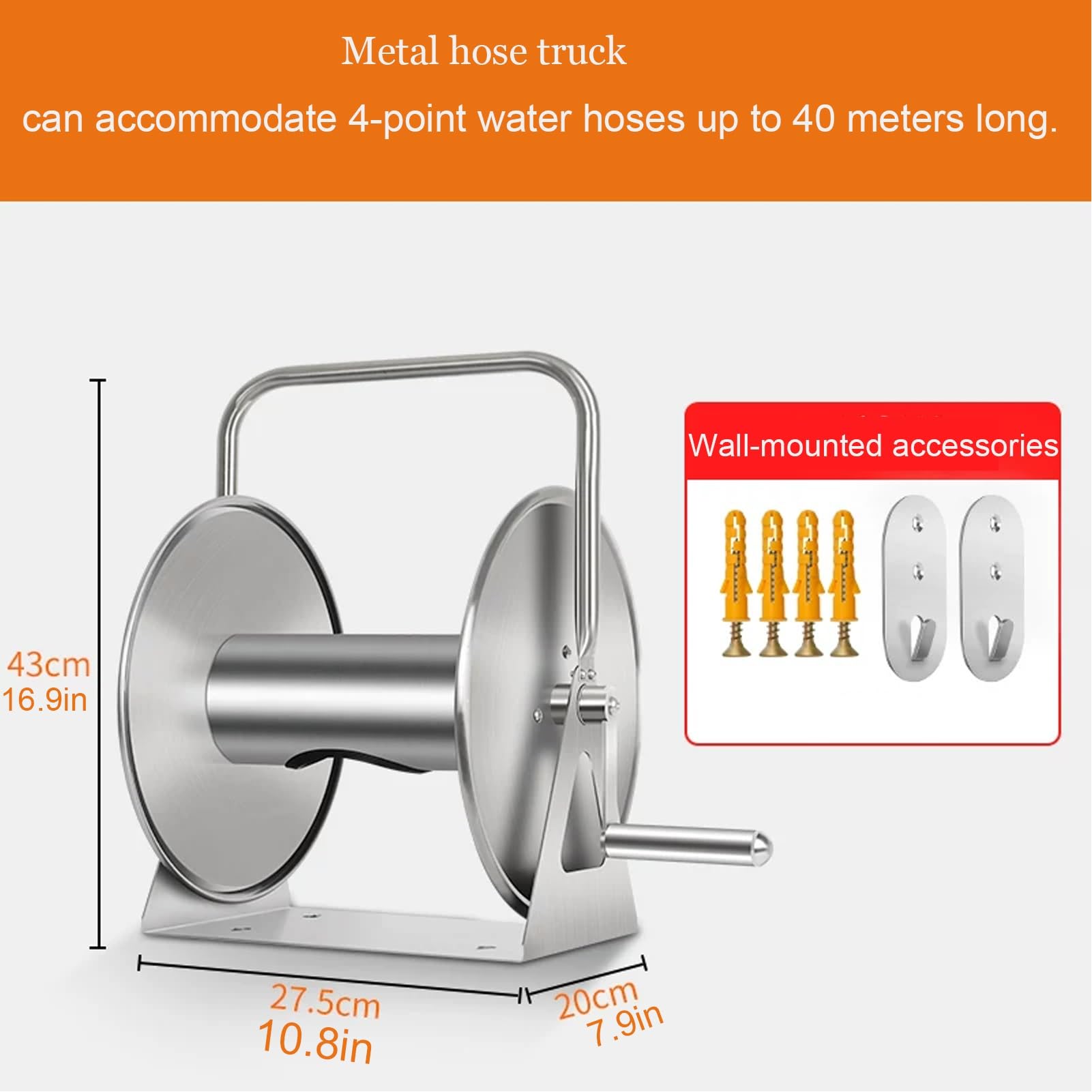 Carrete de Manguera de jardín de Acero Inoxidable, Capacidad para mangueras, Soporte de Pared de Metal para Manguera de Agua con Manguera de Entrada y manivela.