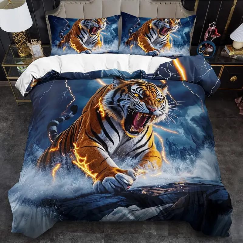 LYJKLST Tiger Bedding Safari Duvet Quilt Covers 3D Animal Printed Bed Set Lightning Thunder Quilt Cover Set With Pillowcase for Kid Teens Boys and girls Man Duvet Set King