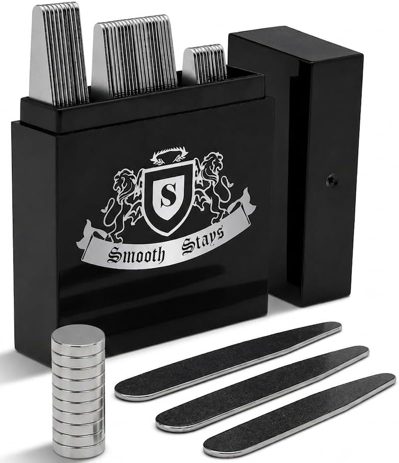 44 Durable Magnetic Stainless Steel Collar Stiffeners with 10 Collar Stays Magnets – 3 Sizes in a Divided Box