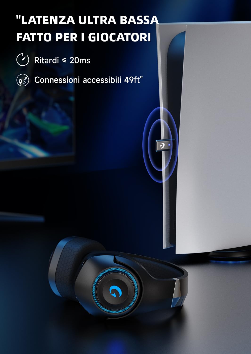 Cuffie con Microfono,Wireless Cuffie Gaming per PC, PS4, PS5, Switch, Driver 50 mm, Cuffie Gaming Bluetooth 5.2, PC Cuffie con Microfono, Archetto Regolabile, Jack Audio 3.5 mm, Cuffie Gaming Cablate